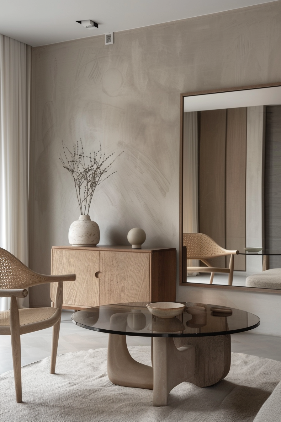 Modern minimalist living room with a neutral palette, wooden sideboard, ceramic vases, and sculptural coffee table.