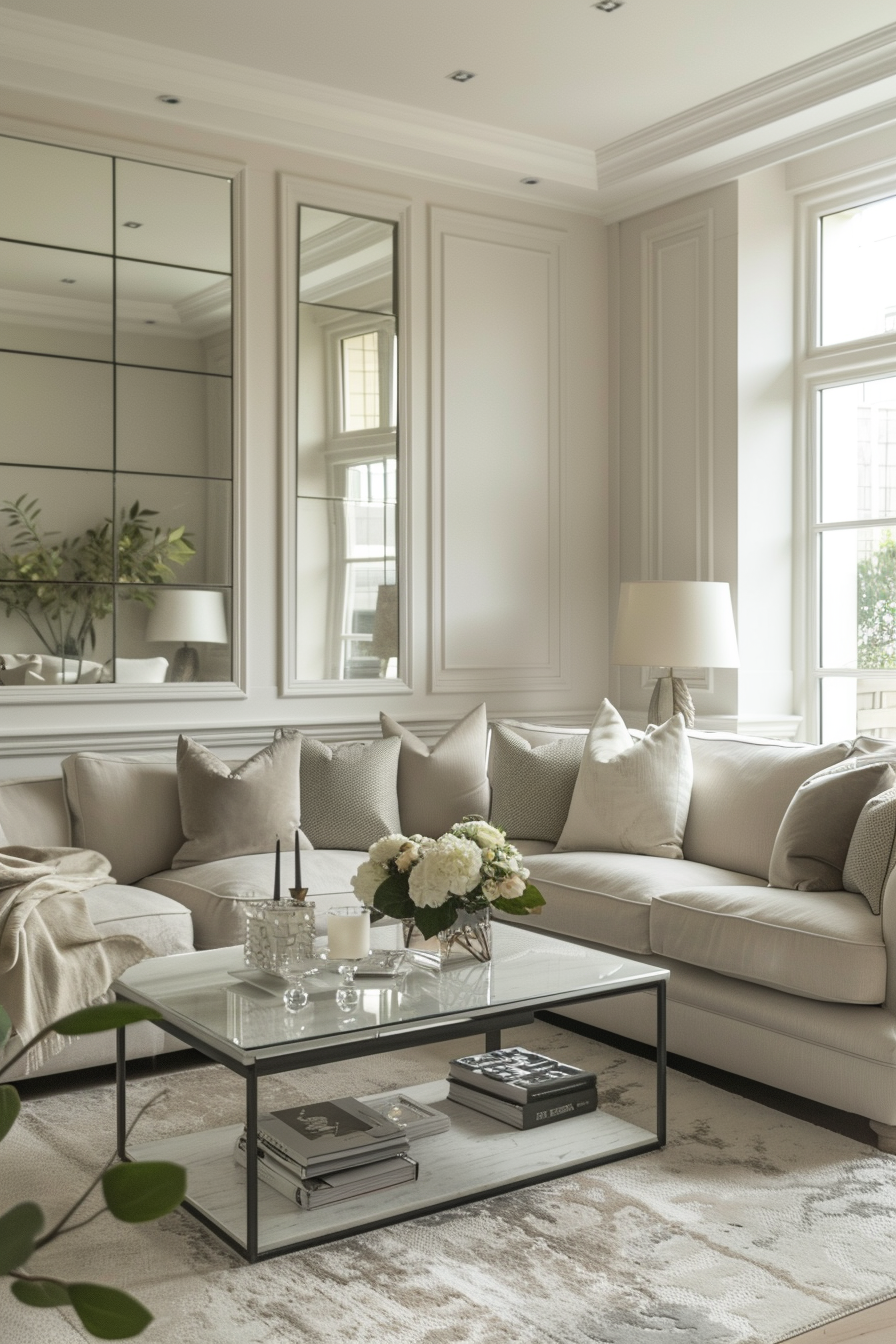 Elegant living room with neutral tones, featuring a plush sectional sofa, glass top coffee table, and mirrored cabinet.