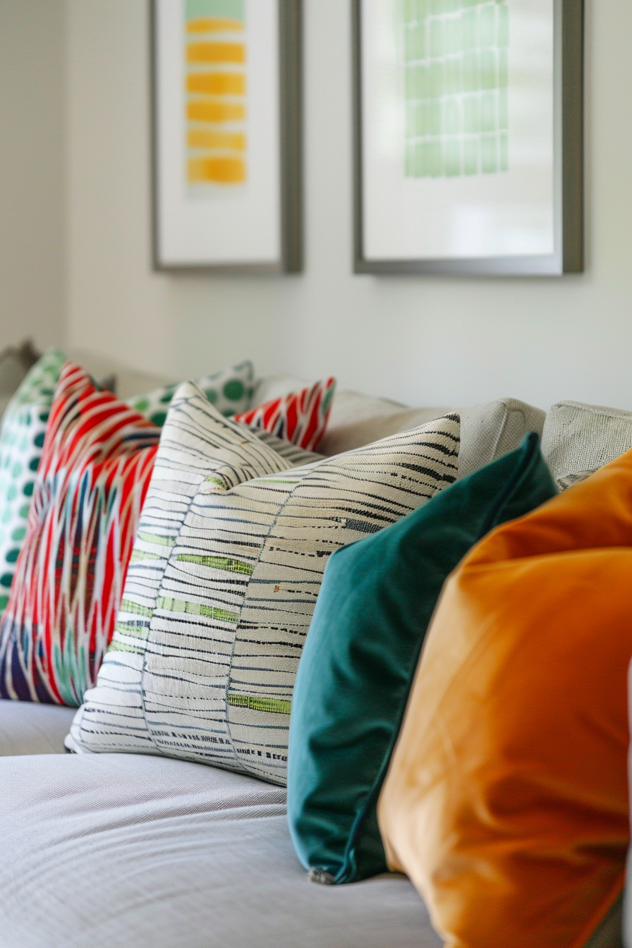 A close-up of a variety of colorful decorative pillows arranged on a couch with framed artwork in the background.