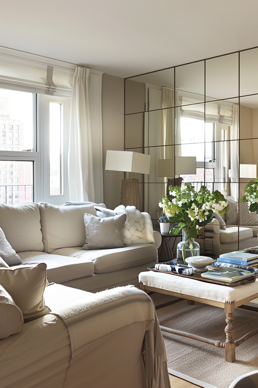 A cozy living room with a beige sofa, mirrored wall, table lamp, and floral arrangement on a coffee table.