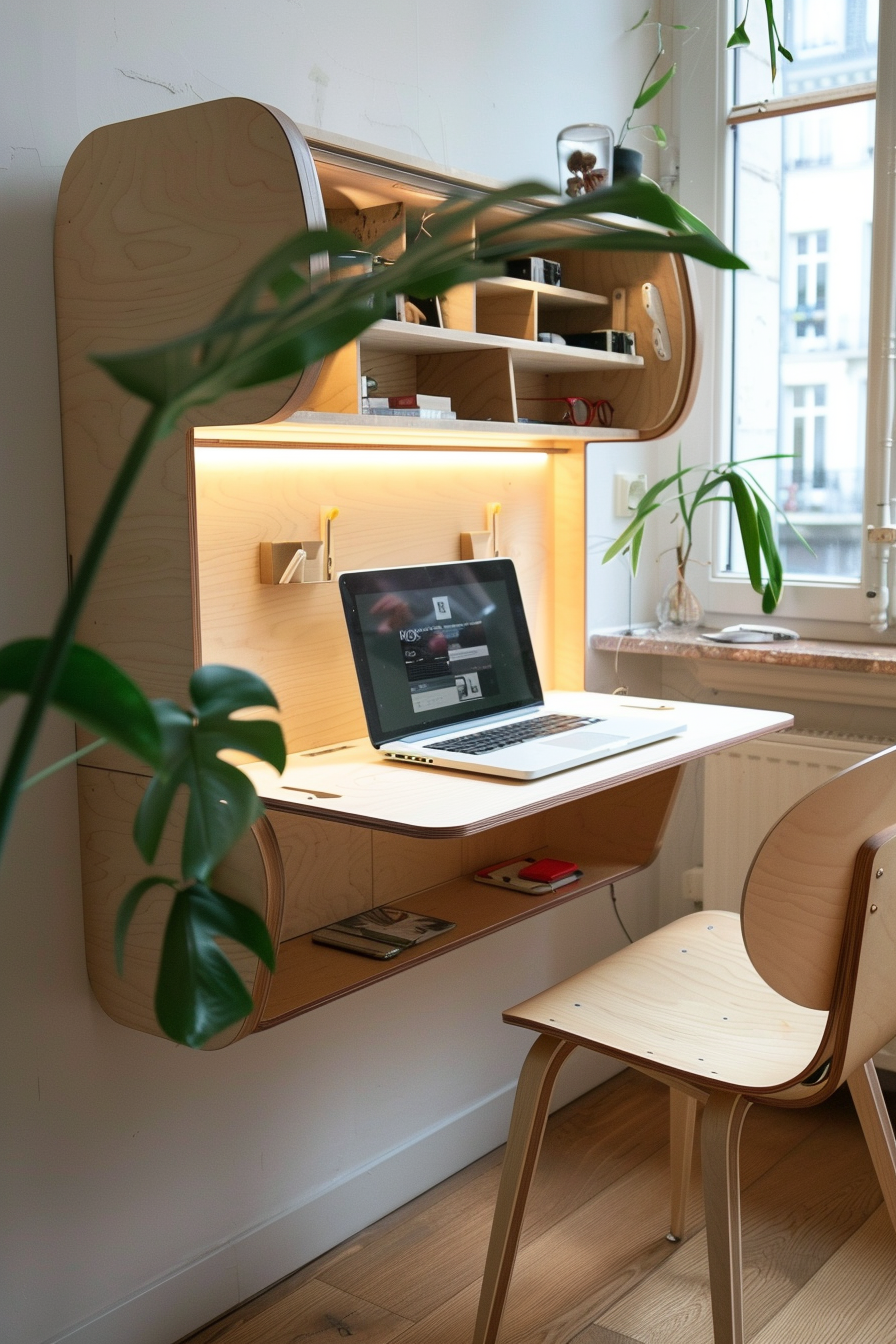 Modern home office setup with a laptop on a wall-mounted desk, a wooden chair, and plants for a cozy atmosphere.
