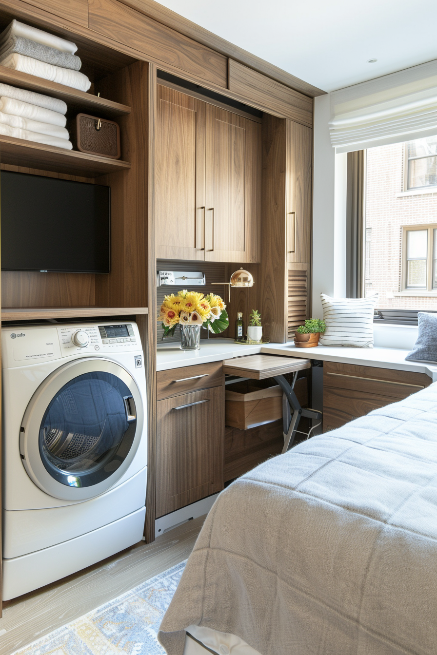 ALT: A modern laundry area integrated into a bedroom with a built-in washing machine, wooden cabinetry, a small desk area, and a cozy window seat.