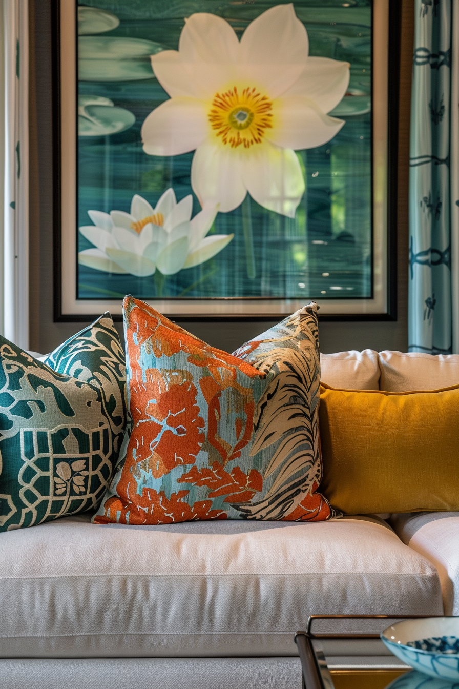 A cozy interior with a white sofa adorned with colorful patterned throw pillows and a large water lily painting on the wall above.