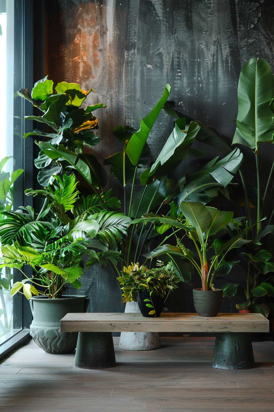 ALT text: A serene indoor garden space with an assortment of lush potted plants beside a simple concrete bench against a textured dark wall.