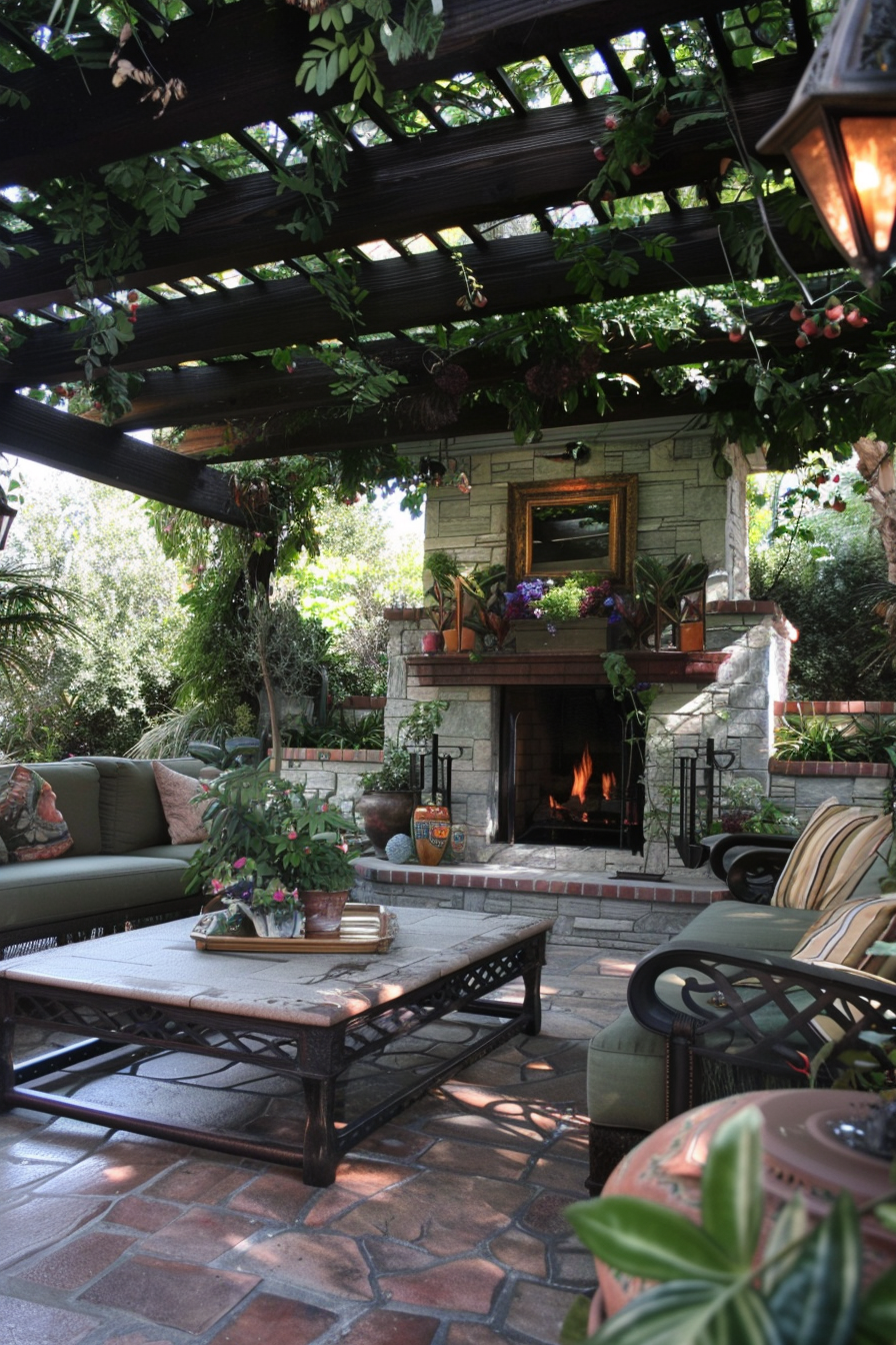 Cozy outdoor patio with fireplace, seating, and overhead foliage.
