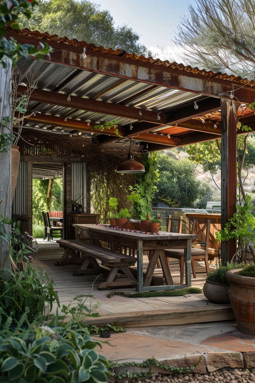 Cozy outdoor patio area with rustic wooden furniture, potted plants, and a corrugated metal roof showing lush greenery in the background.
