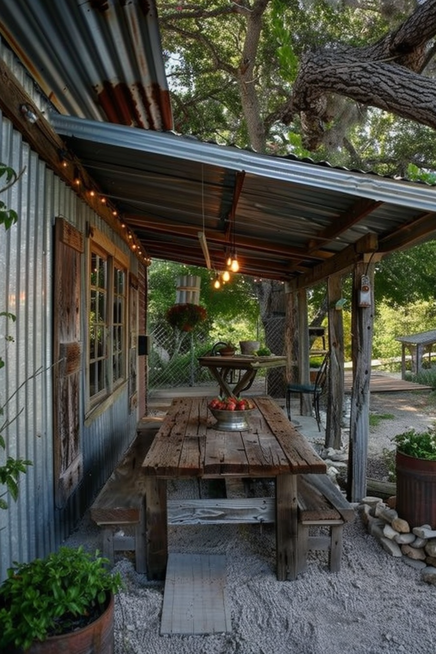 "Rustic outdoor patio area with string lights, a wooden table, and benches under an awning, surrounded by greenery and trees."