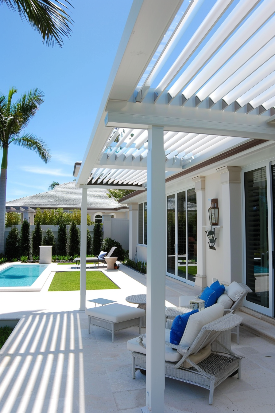 Luxurious patio with white lounging furniture, pergola, swimming pool, and lush greenery under a clear blue sky.