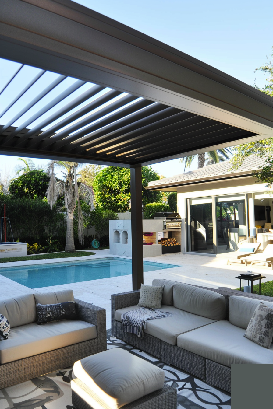 Outdoor patio area with modern furniture under a pergola, overlooking a swimming pool and a backyard kitchen.