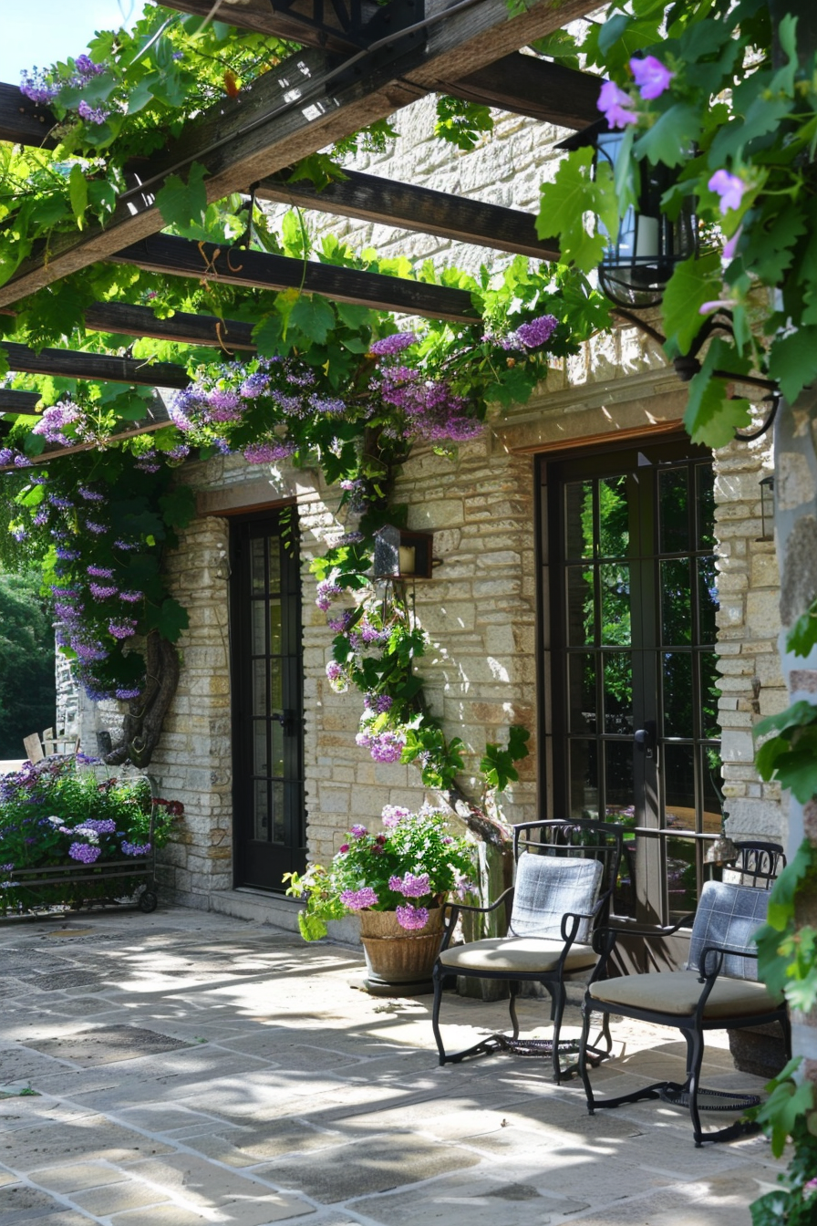 Stone house with a pergola covered in green vines and purple flowers, with chairs on the patio.
