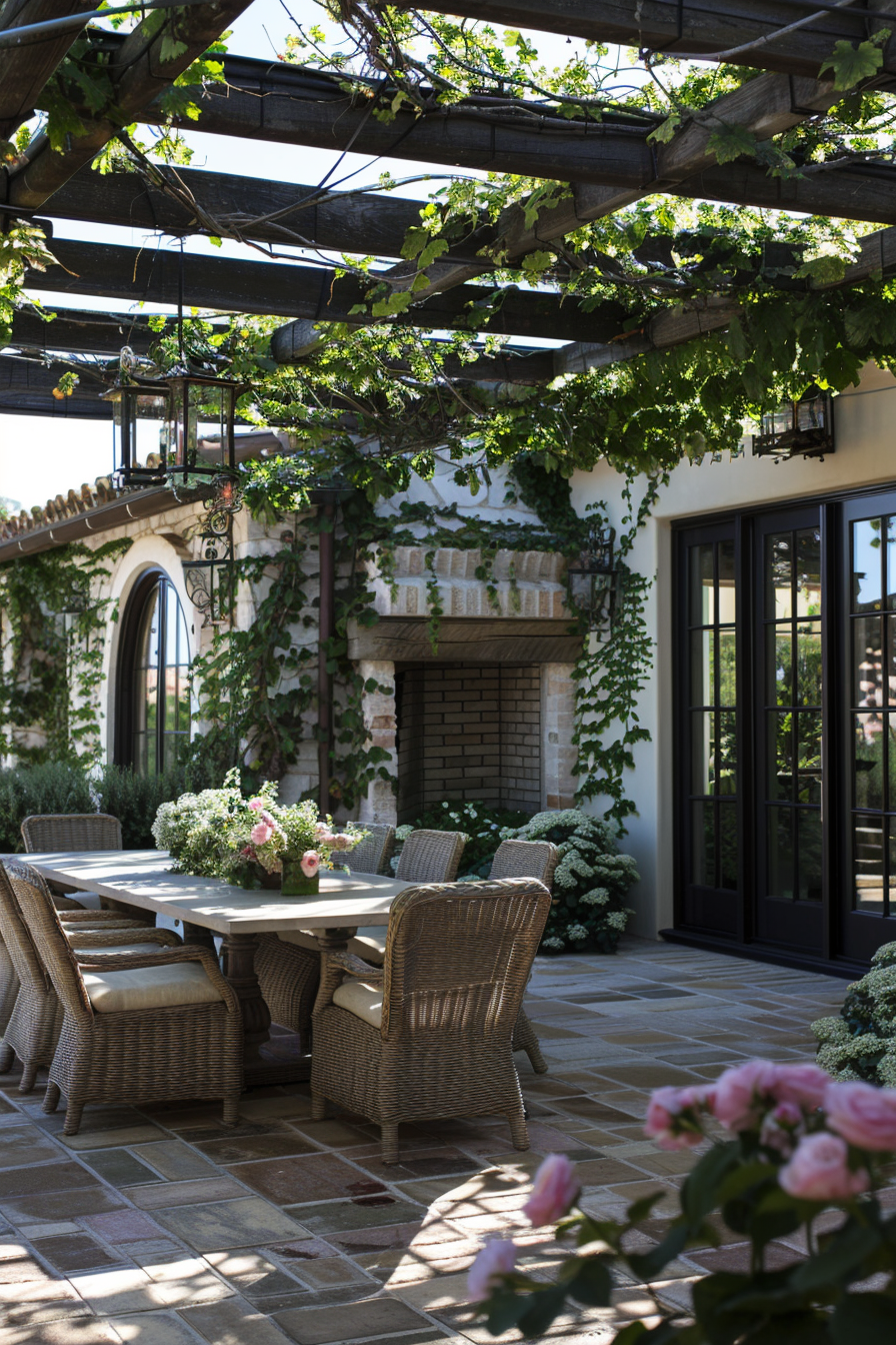 Outdoor patio dining area with a pergola, surrounded by greenery and a brick fireplace, in a Mediterranean-style setting.