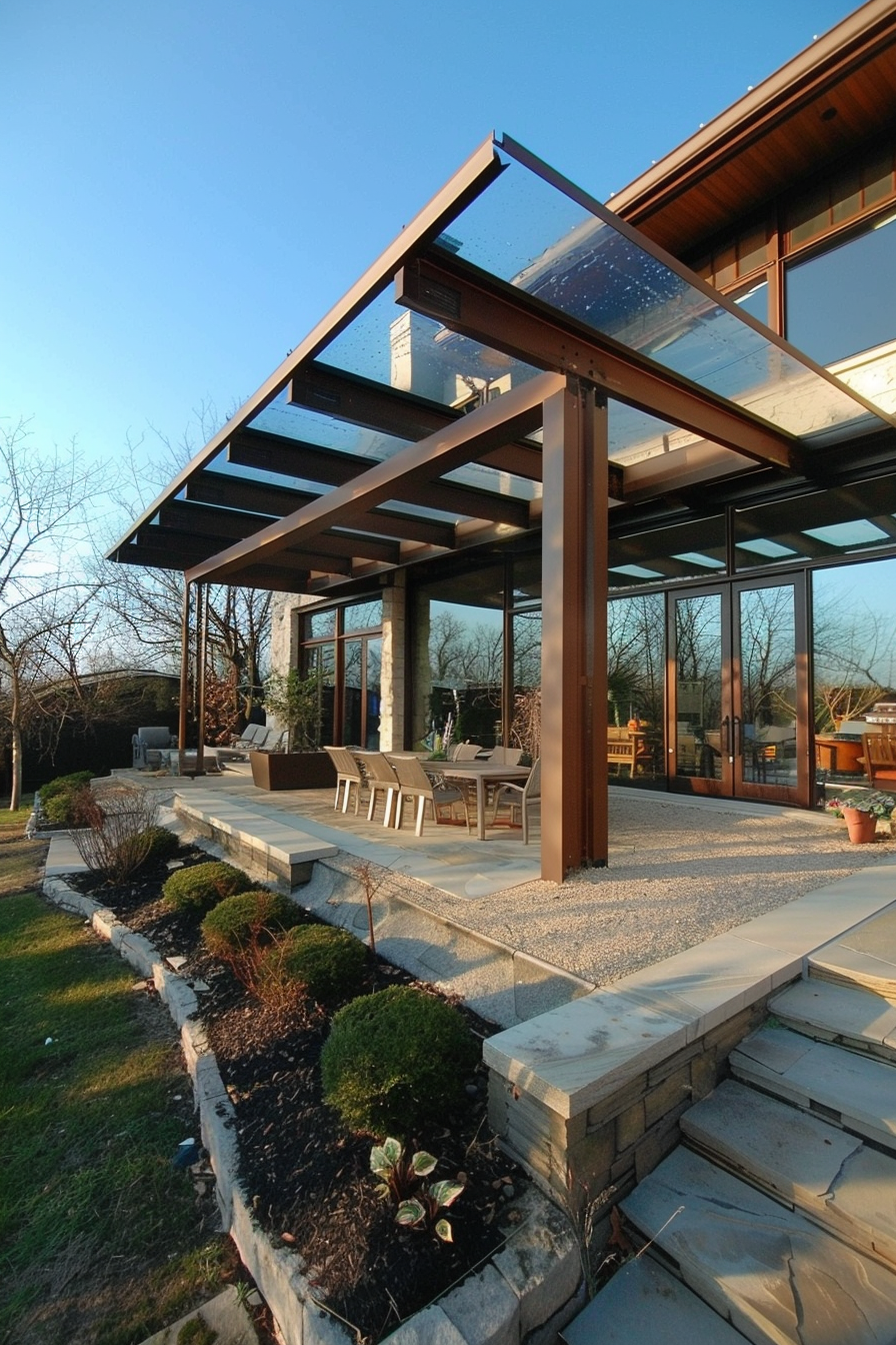 Modern house with large glass windows, an outdoor seating area under a metal pergola, and landscaped garden at twilight.