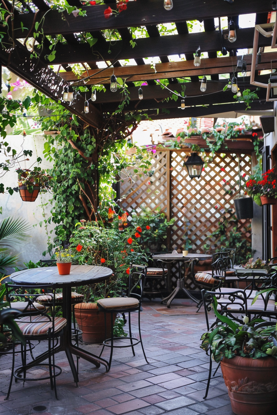 Cozy outdoor patio with wrought iron tables and chairs, climbing plants, hanging pots, and string lights.