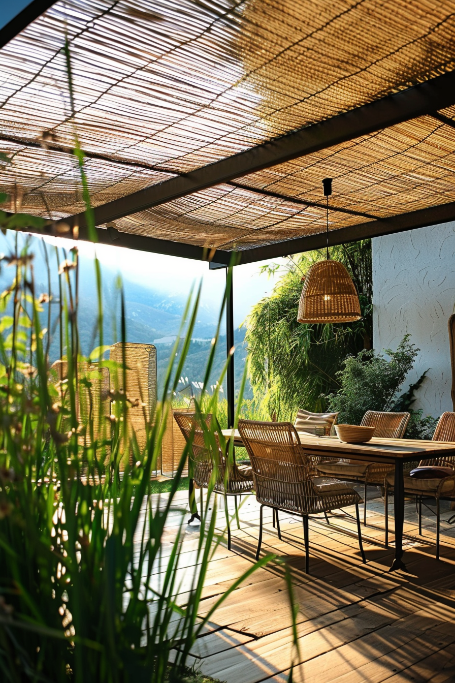 Cozy outdoor dining area with wicker chairs under a bamboo shade, overlooking a scenic view.