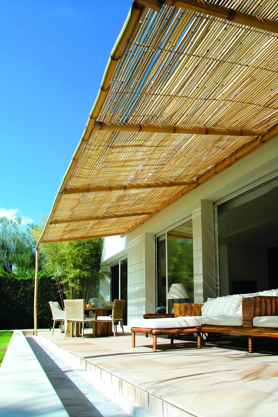 Modern patio with wooden furniture under a bamboo pergola on a sunny day.