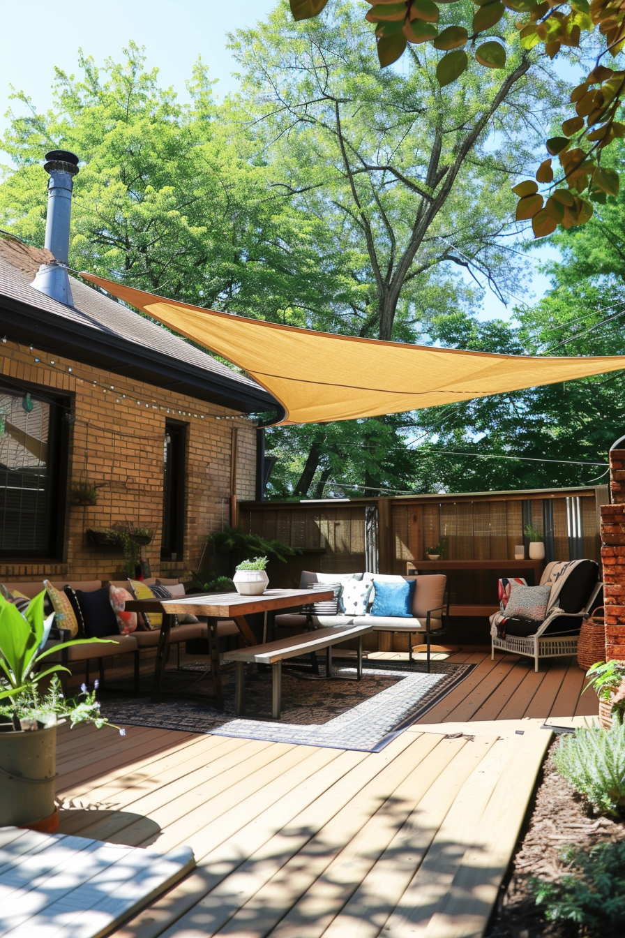A cozy outdoor patio with wooden decking, comfortable furniture, plants, and a yellow shade sail against a backdrop of trees and a brick house.