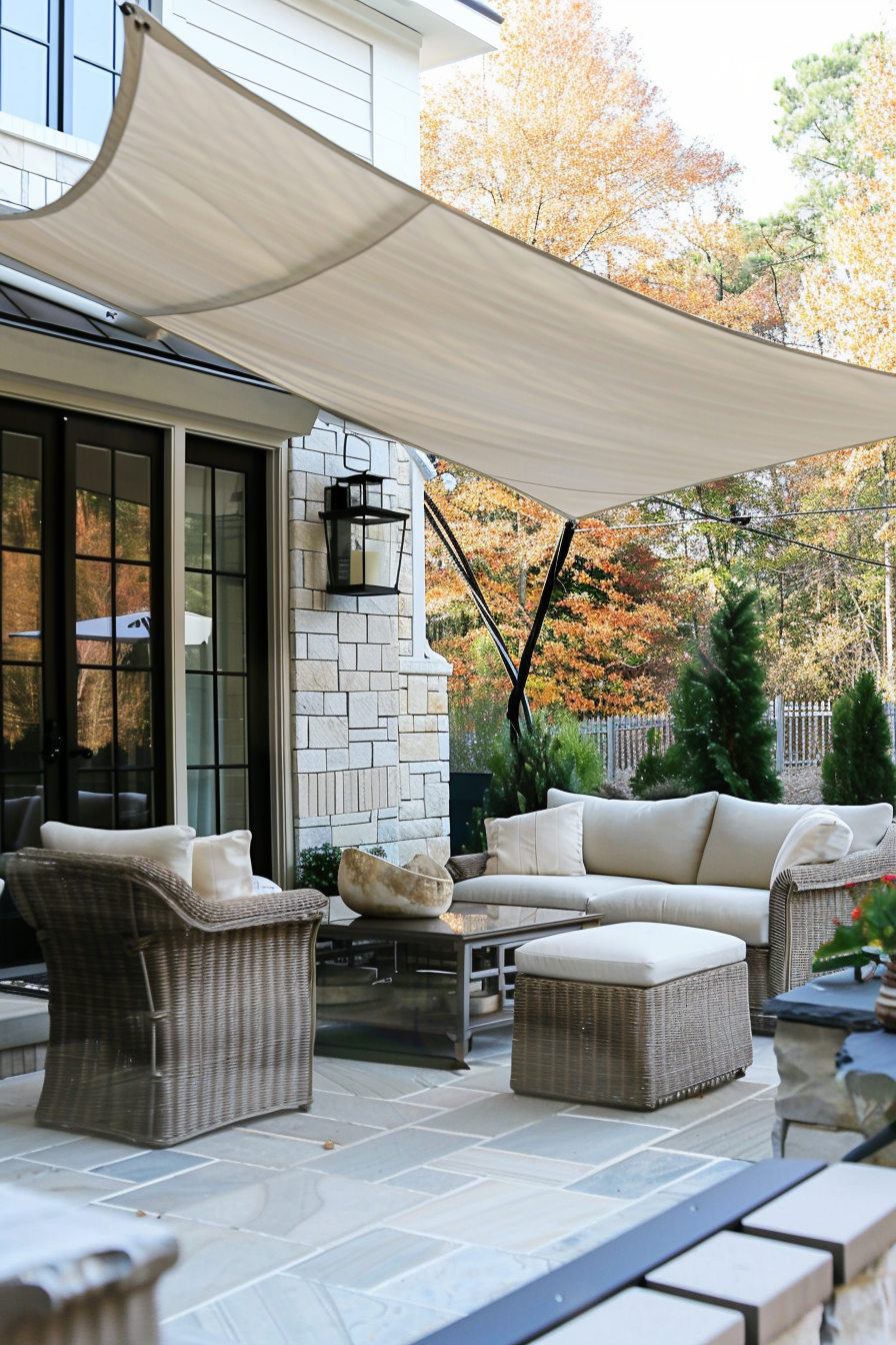Elegant outdoor patio with wicker furniture and white cushions under a beige shade sail, adjacent to a home with autumn trees in the backdrop.