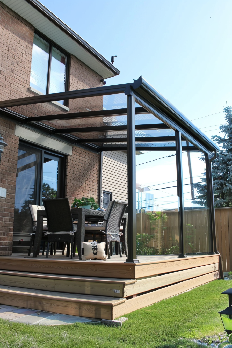 ALT: A screened patio enclosure with a dining set on a wooden deck beside a brick house, under clear blue skies.