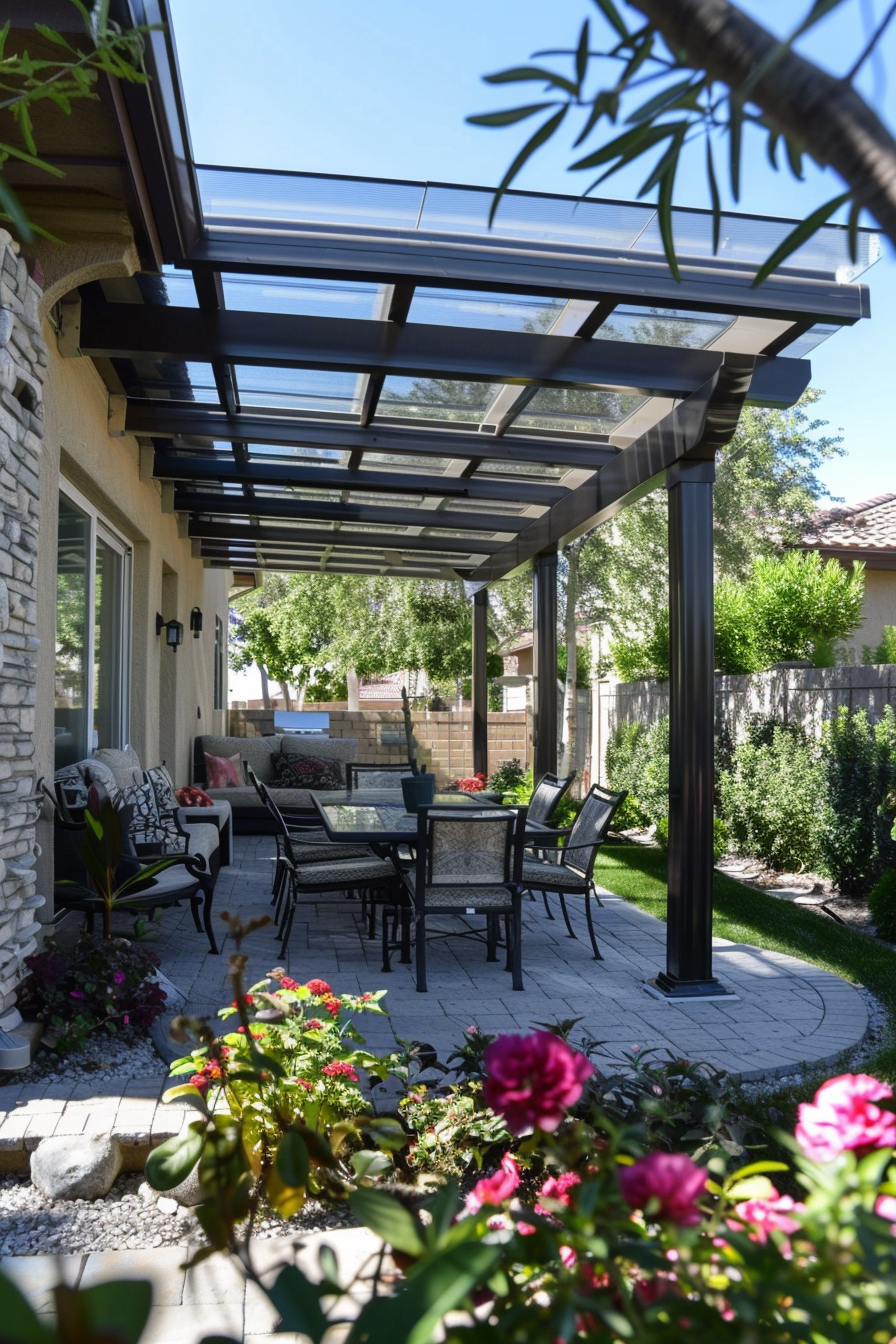 A modern patio cover with translucent panels over an outdoor dining area surrounded by flowers and landscaping.