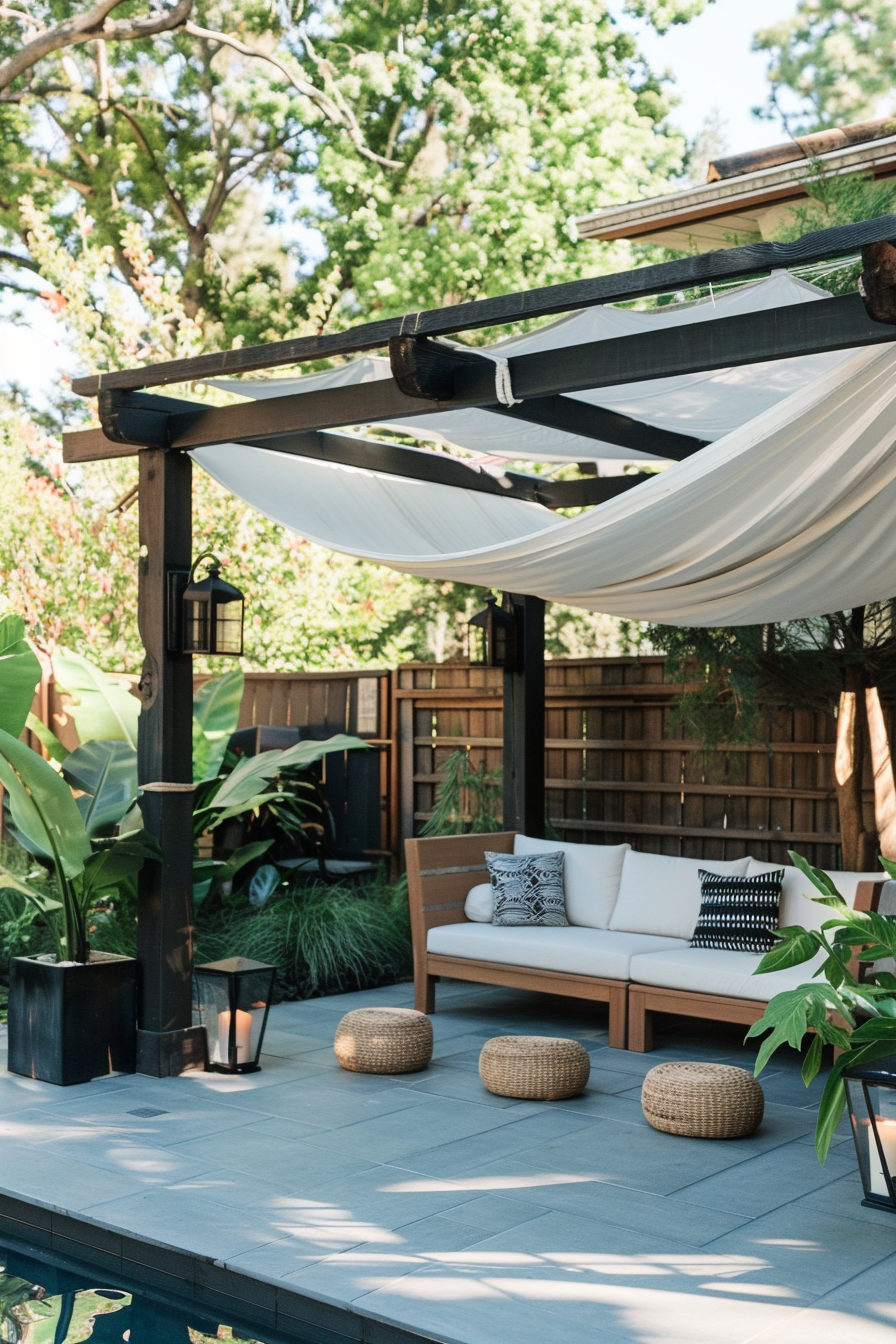 ALT: A cozy outdoor patio with a fabric canopy, wooden sofa with cushions, wicker ottomans, and plants, all surrounded by a wooden fence.