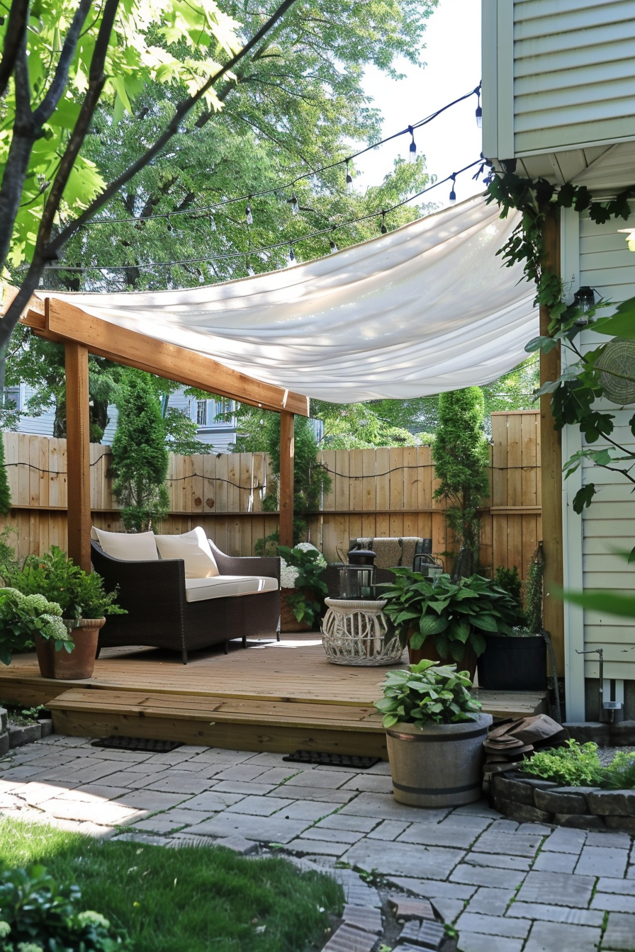 Cozy backyard patio with a fabric shade, outdoor couch, string lights, and surrounded by lush greenery and a wooden fence.