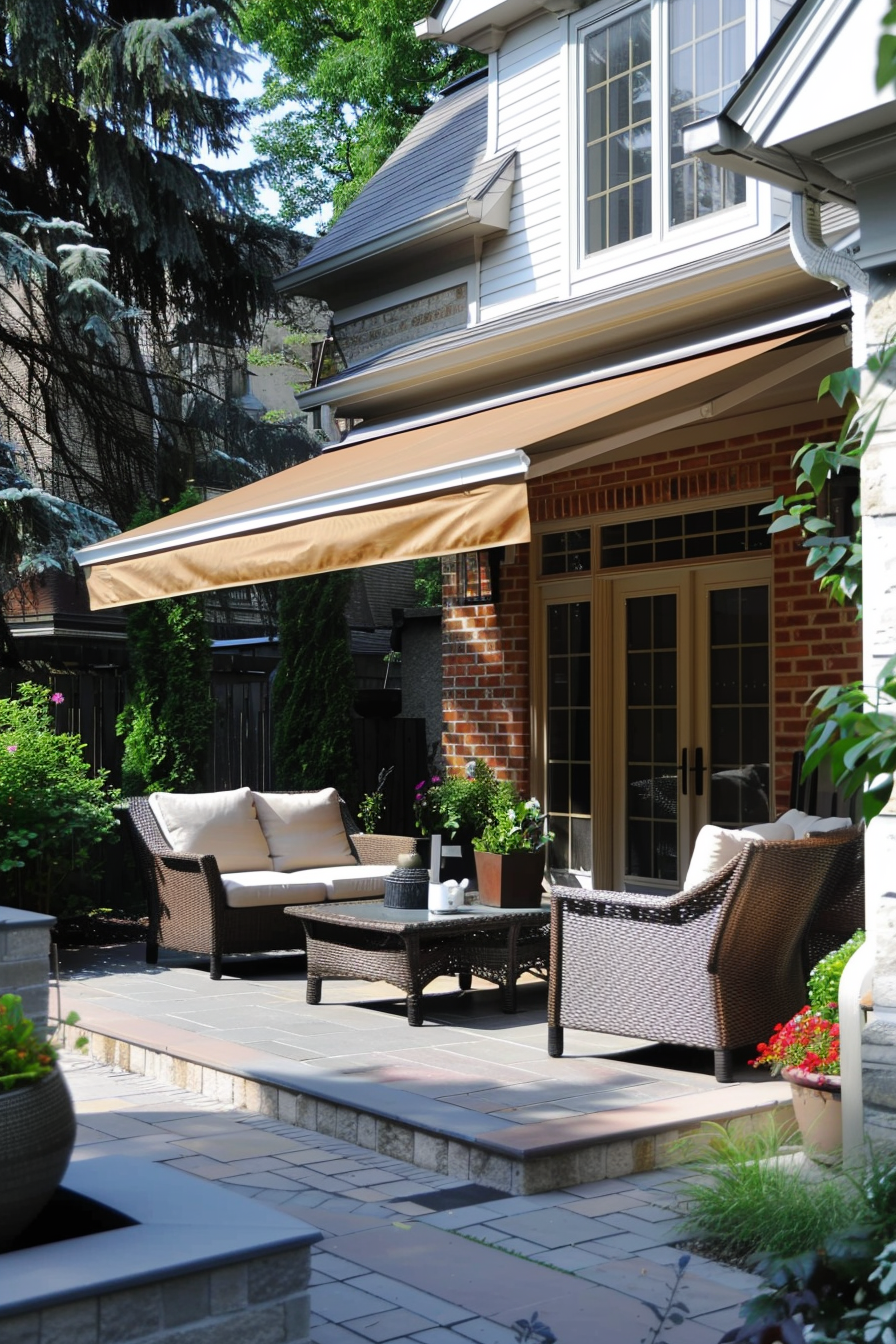 "Cozy patio area with wicker furniture and a retracted awning outside a brick house surrounded by greenery."