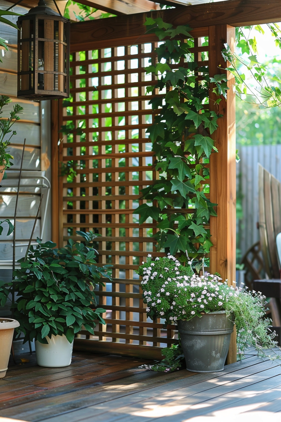 Wooden lattice in a garden with hanging lantern and potted plants, conveying a peaceful outdoor setting.