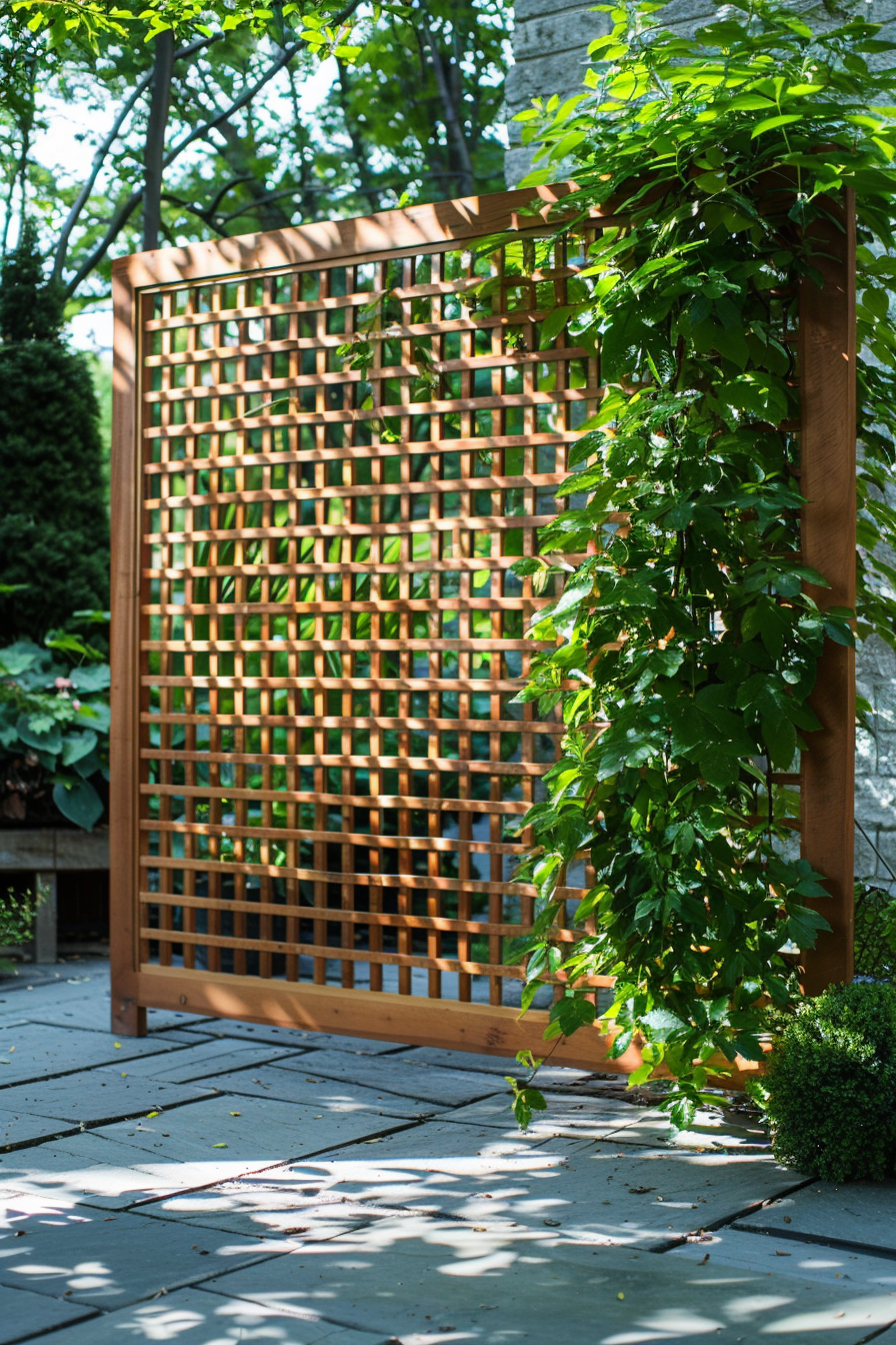 A wooden lattice panel in a garden with climbing plants and dappled sunlight casting shadows on a paved surface.