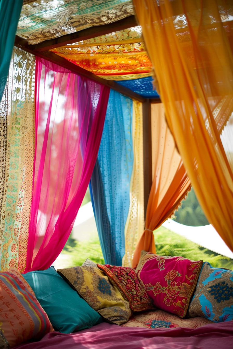 Colorful and ornately patterned fabric drapes and cushions create a vibrant, bohemian canopy setting.