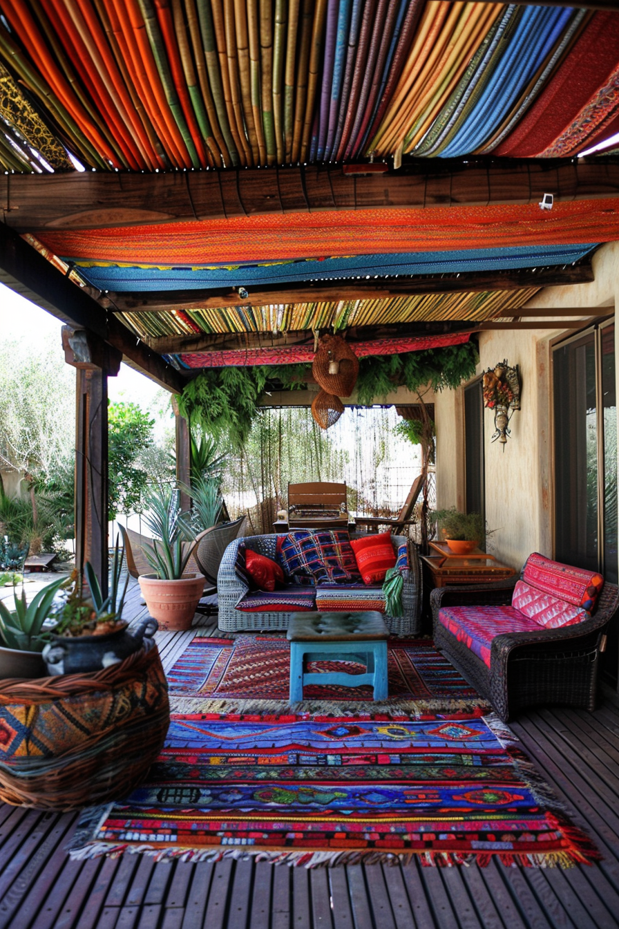 Cozy outdoor living space with colorful woven fabrics on the ceiling, patterned rugs on the floor, and wicker furniture with cushions.