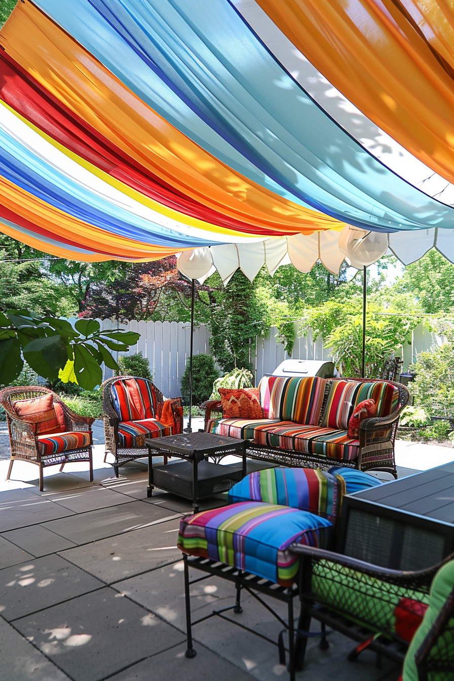 A vibrant outdoor patio with rainbow-colored canopy, striped couches, and a lush garden in the background.