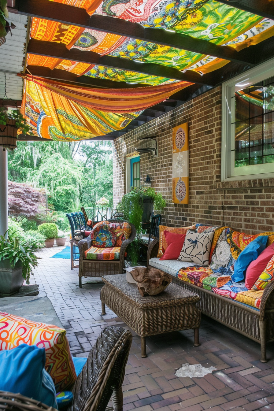 "Colorful and cozy porch with vibrant fabric ceiling, cushioned wicker furniture, plants, and brick walls, offering a relaxing outdoor space."
