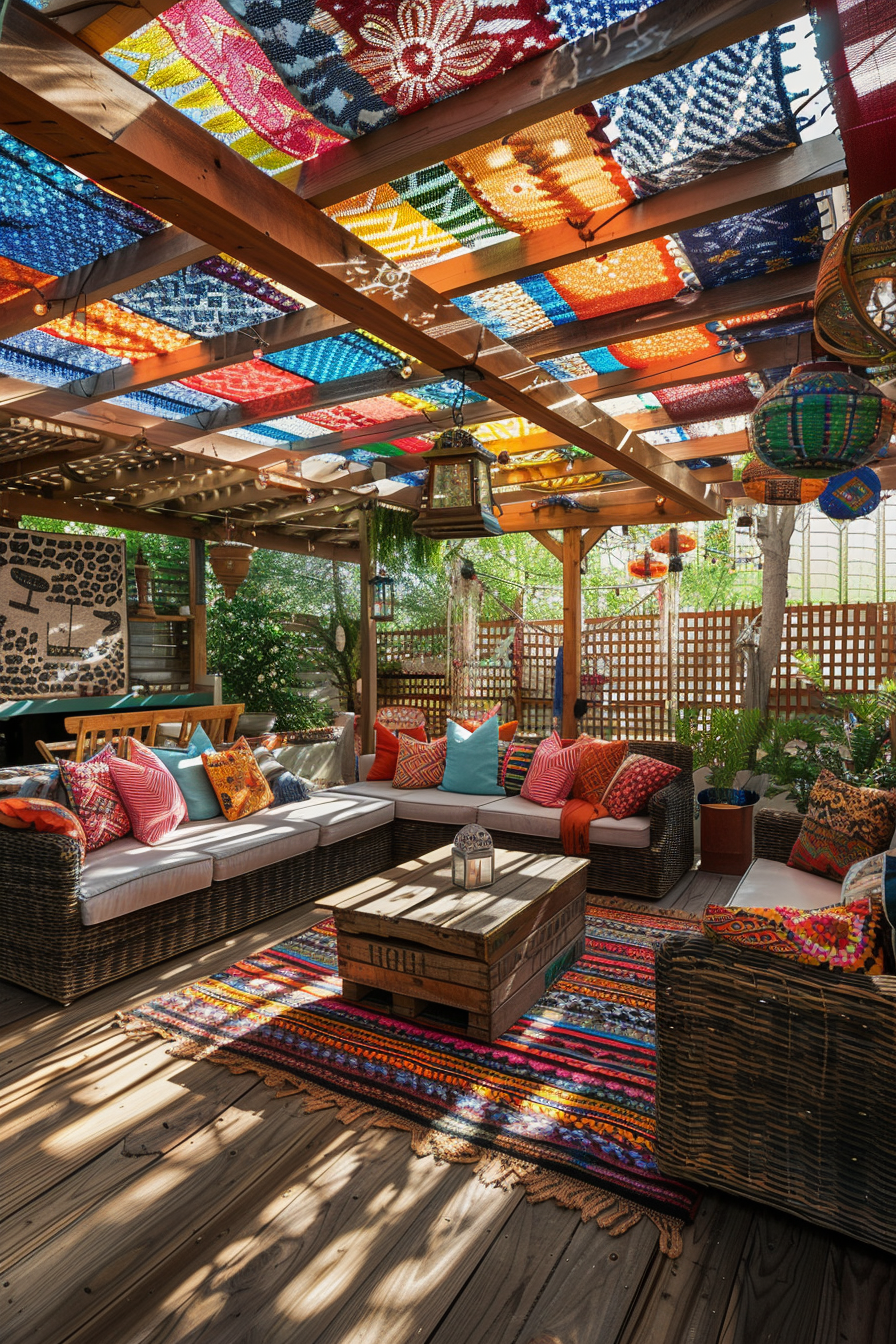 ALT: A cozy outdoor patio area with colorful blankets draped above for shade, vibrant patterned cushions, and an assortment of rugs on the deck.