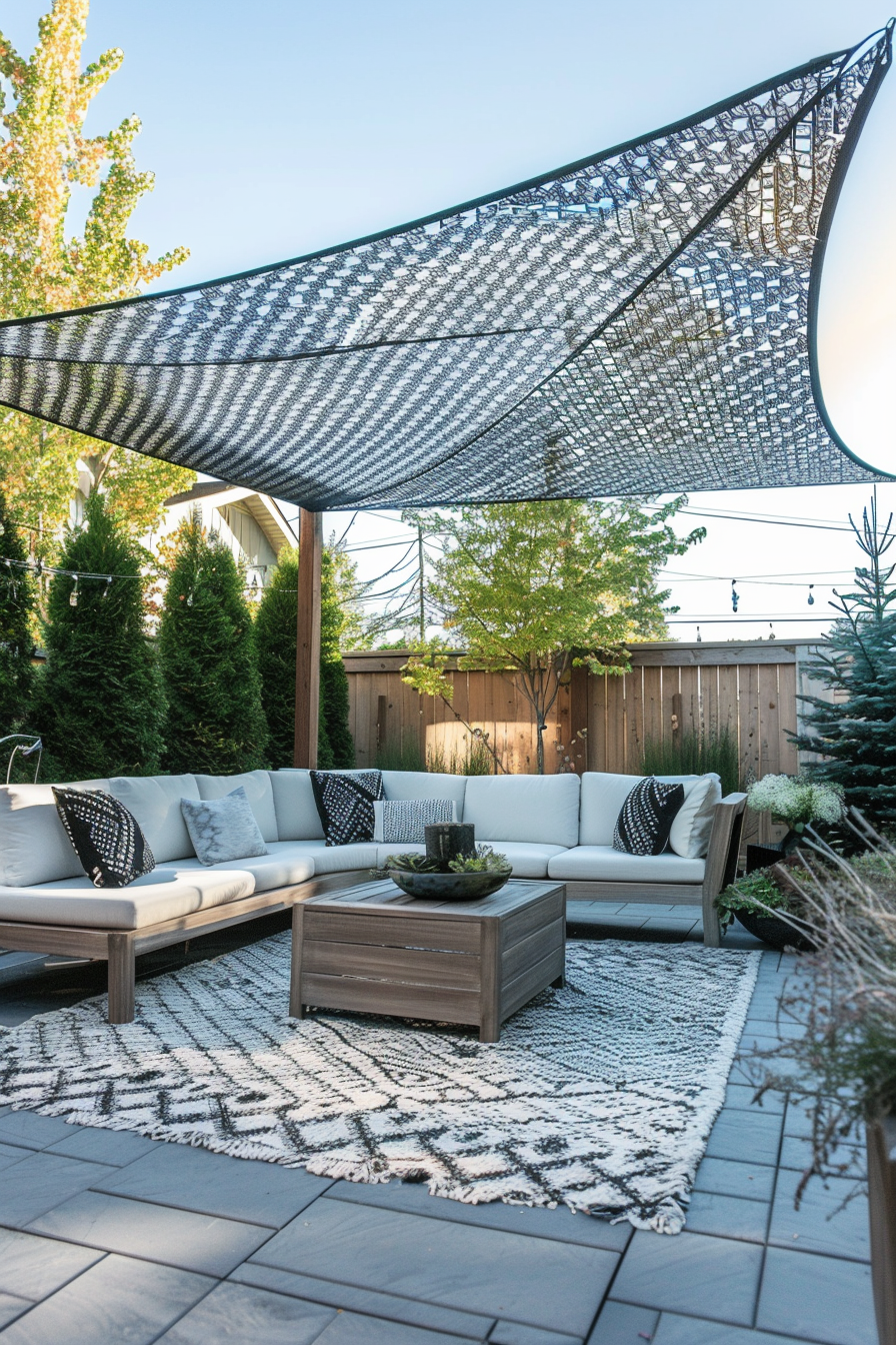 Outdoor patio with shading sail, sectional sofa, patterned rug, wooden table, and surrounding greenery.