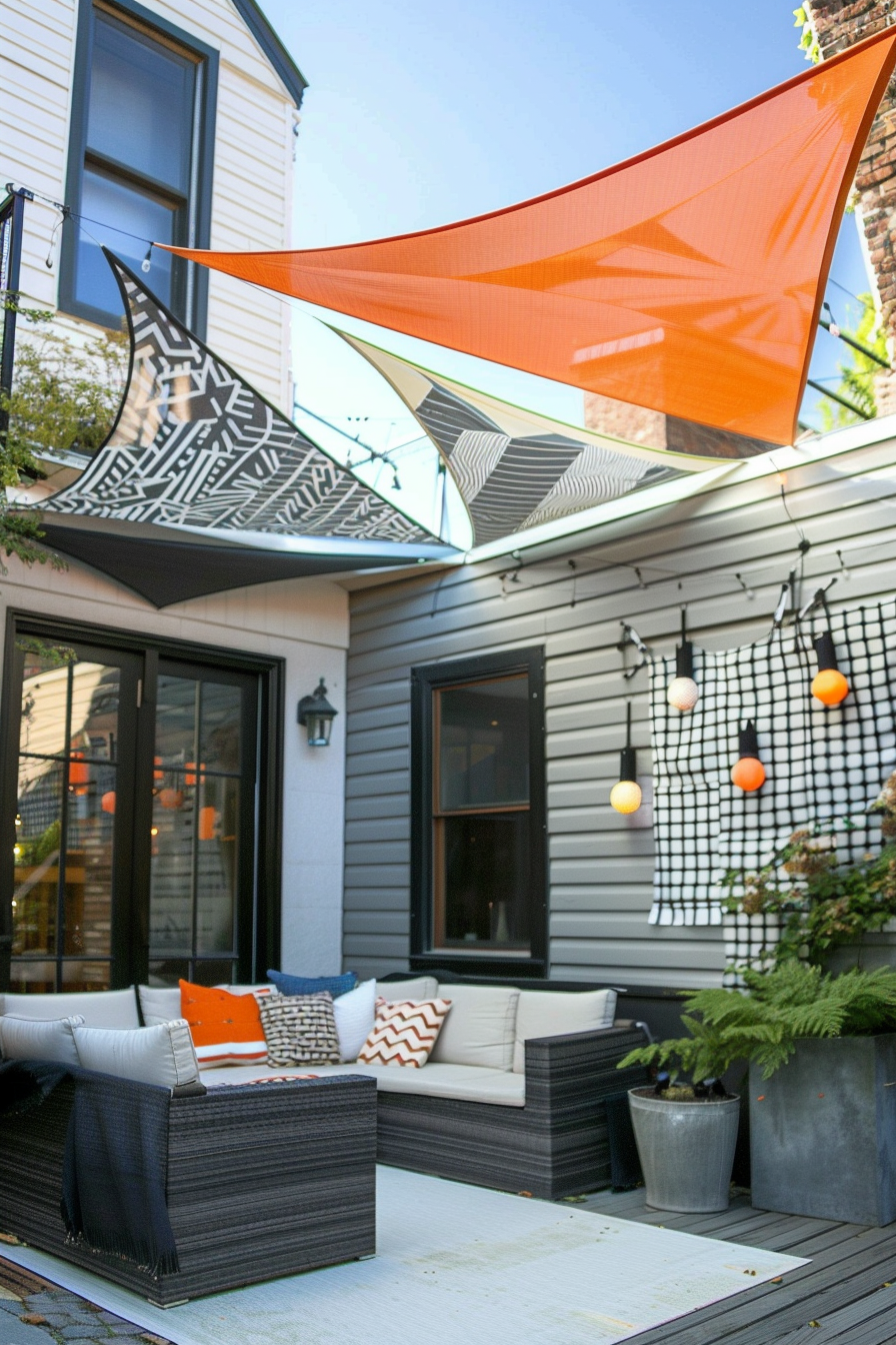 Outdoor patio with decorative shade sails, wicker furniture with cushions, and hanging string lights.