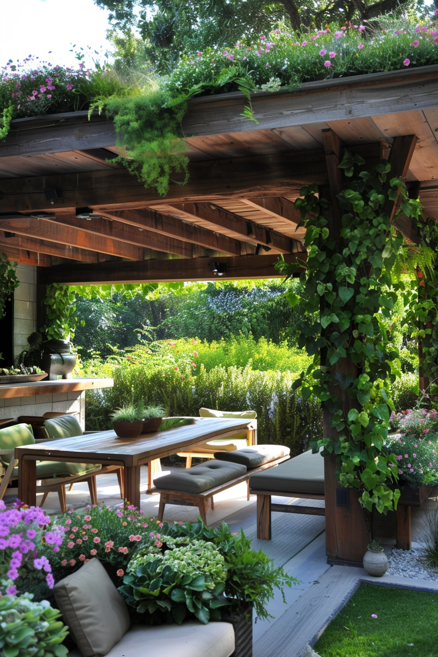 Lush garden patio with wooden furniture, green cushions, and a variety of flowering plants and greenery under a wooden pergola.