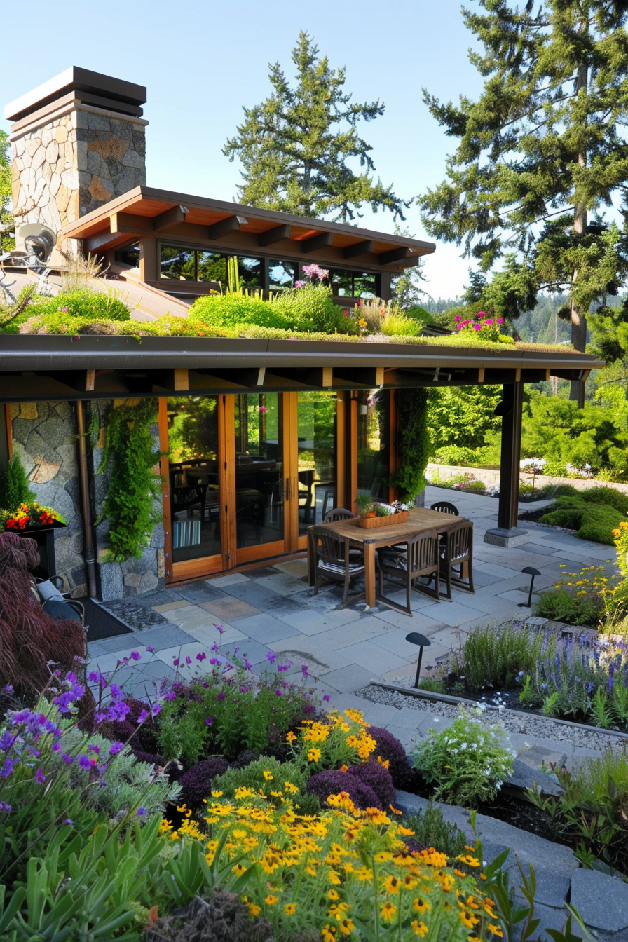A modern house with a green roof garden, large windows, and a patio area surrounded by colorful flowers and towering trees in the background.