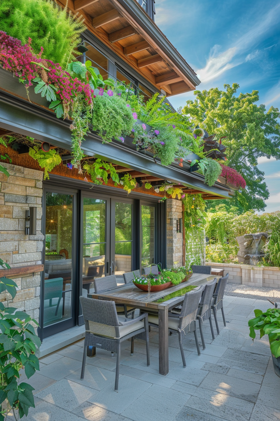Outdoor patio with a dining table and chairs, stone walls, and overflowing window box planters under clear blue sky.
