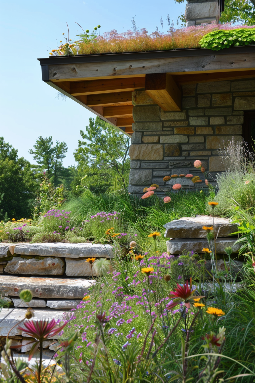 A cozy cottage with a green living roof and stone walls surrounded by a vibrant garden of wildflowers and grasses.