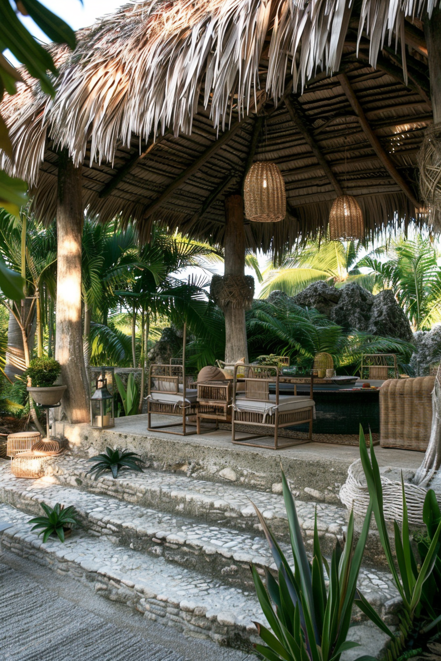 Outdoor tropical relaxation area with thatched roof, wicker chairs, lush greenery, and hanging lanterns.