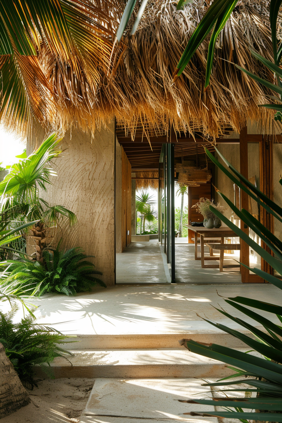 Tropical open-air passageway with thatched roof, wooden beams, green plants, and sand-covered stone steps bathed in sunlight.
