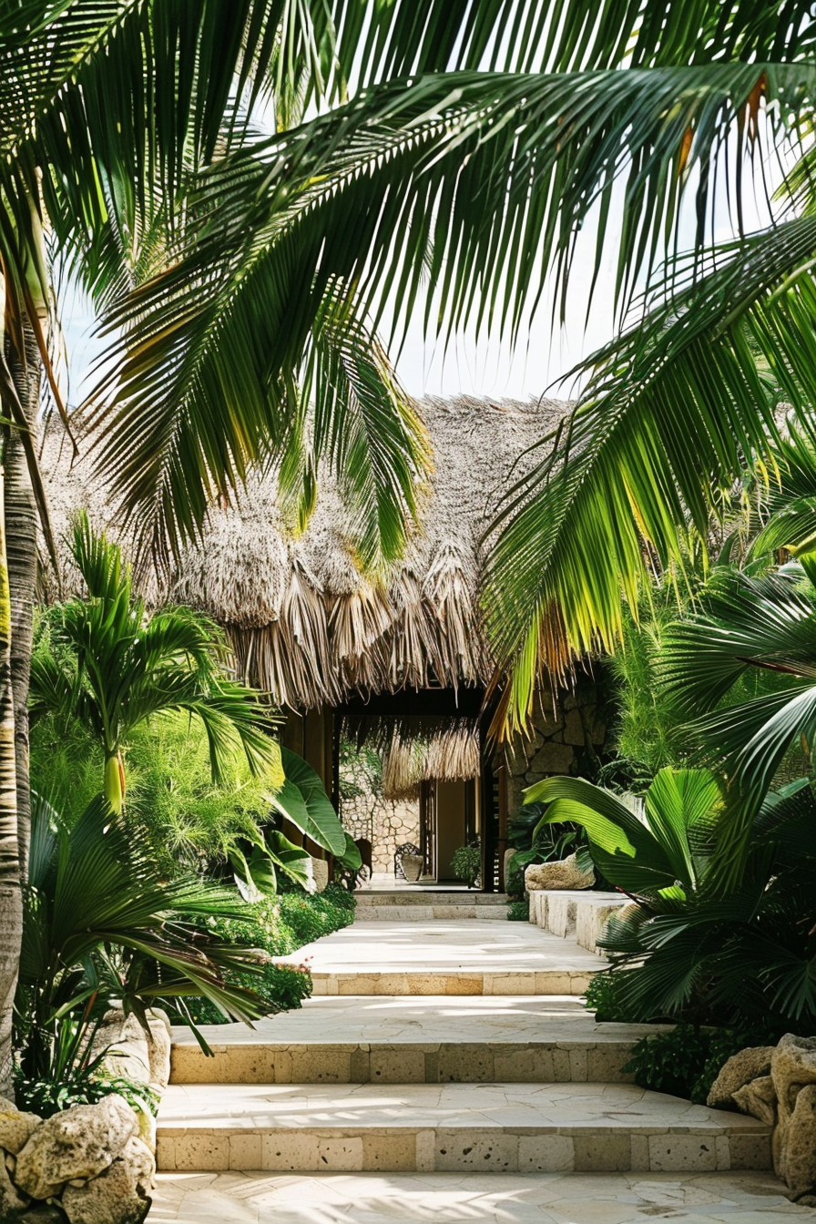 Tropical resort entrance with stone steps flanked by lush palm trees and a thatched-roof structure in the background.
