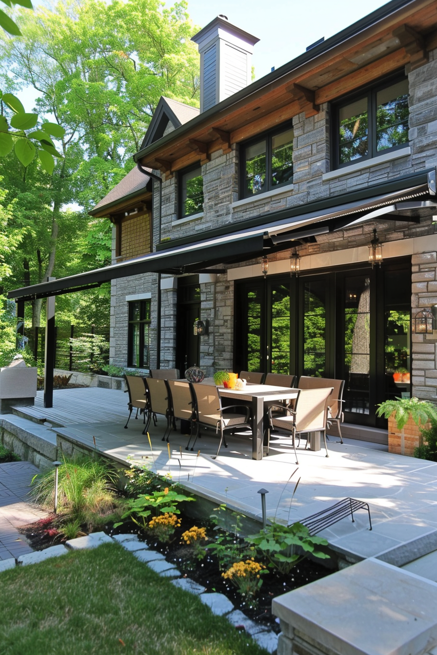 A stone house with a patio dining area and landscaped garden in a wooded setting.
