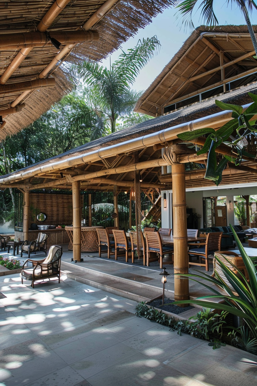 A tropical outdoor dining area with bamboo structures, thatched roofs, wooden tables and chairs, and lush greenery.