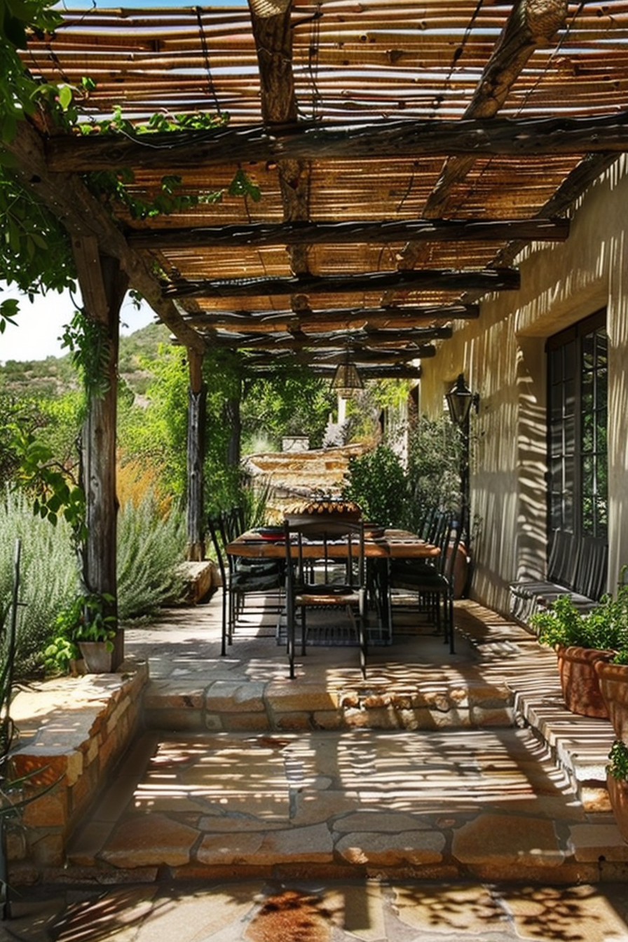 Rustic outdoor pergola with a wooden dining set, stone path and steps, surrounded by lush greenery and pots.