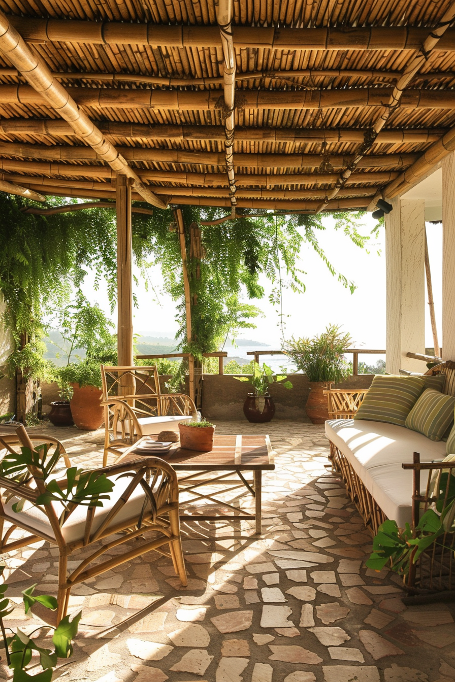 Rustic outdoor patio with bamboo roofing, rattan furniture, potted plants, and a view of greenery in the background.