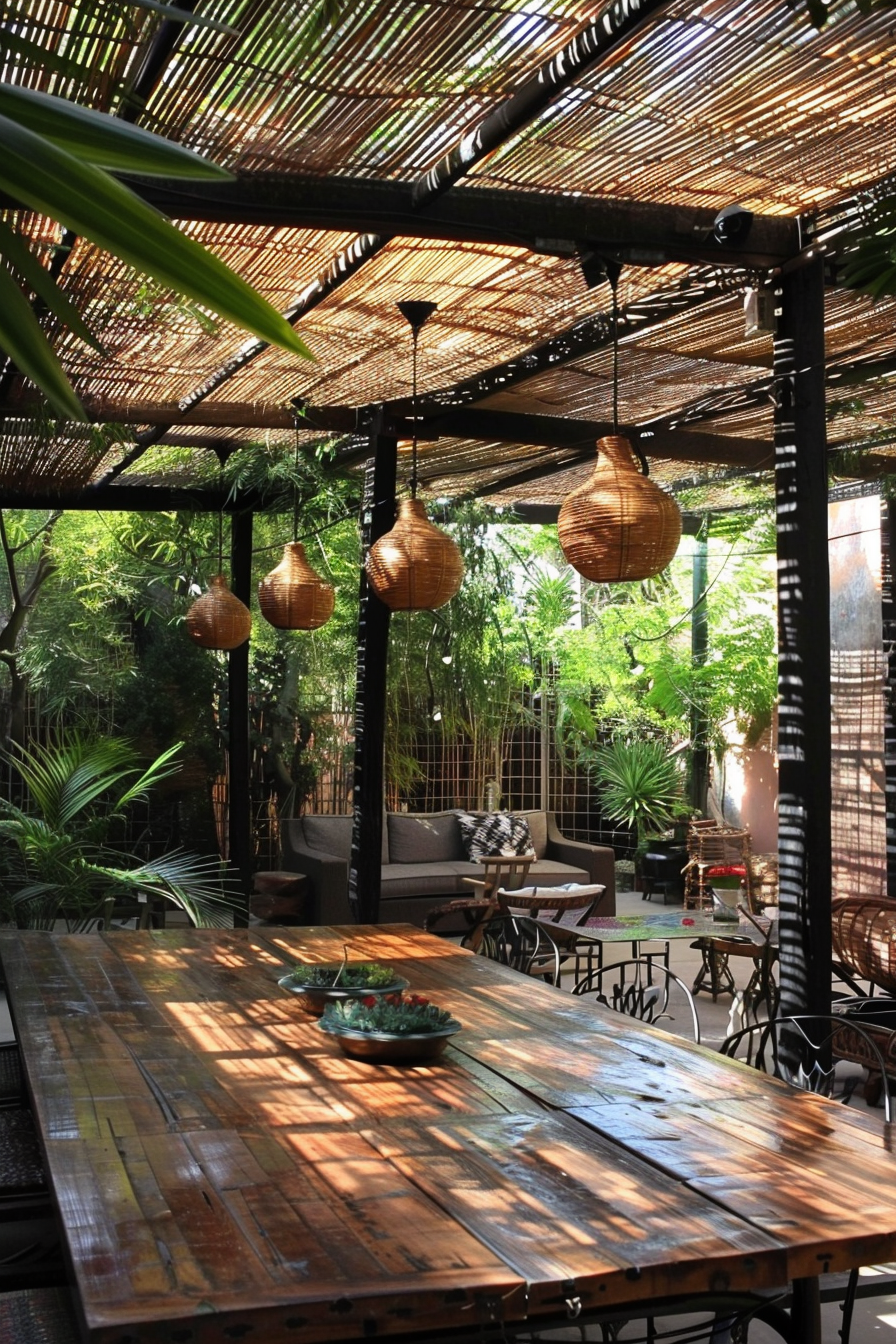 Outdoor patio with wooden furniture, hanging woven lamps, and lush greenery under a bamboo shaded pergola.