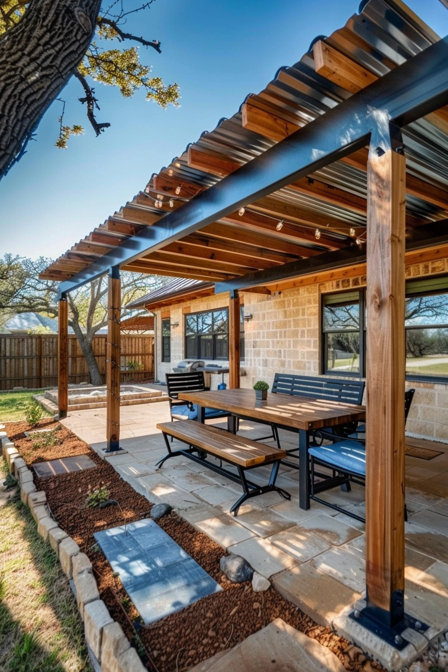 A cozy outdoor patio with a wooden pergola, stone path, dining table set, and a barbecue grill against a house and fence.