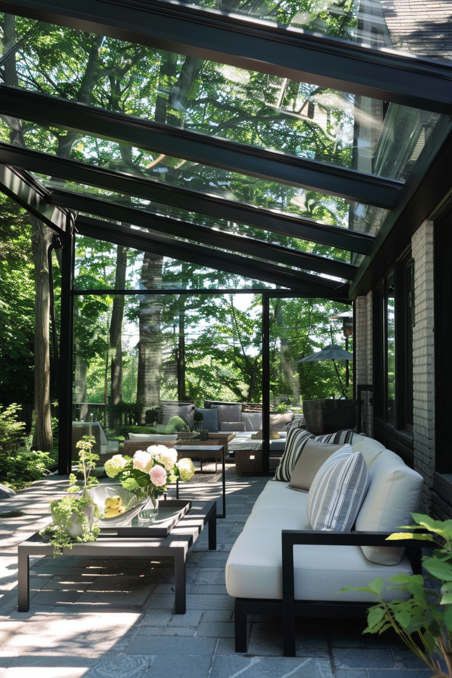 ALT: A cozy outdoor patio area with modern furniture under a glass roof, surrounded by lush green trees.