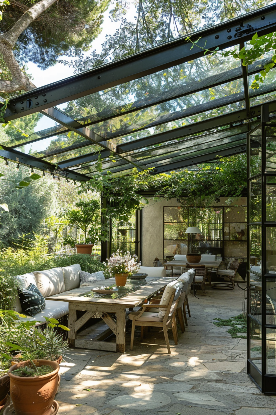 A serene outdoor patio with a glass roof, surrounded by greenery, furnished with a cozy sofa and a rustic dining table set.